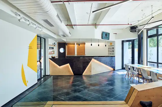 The front desk and cafe on the ground floor